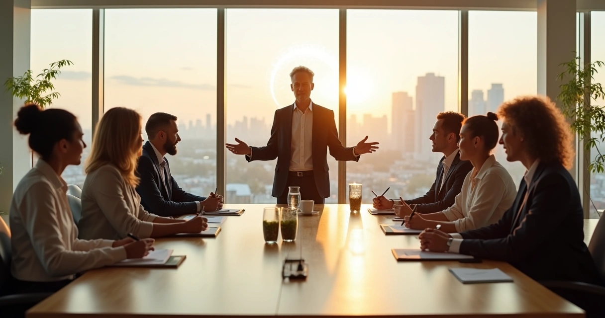 Líder guiando reunión con enfoque ético y conciencia plena 