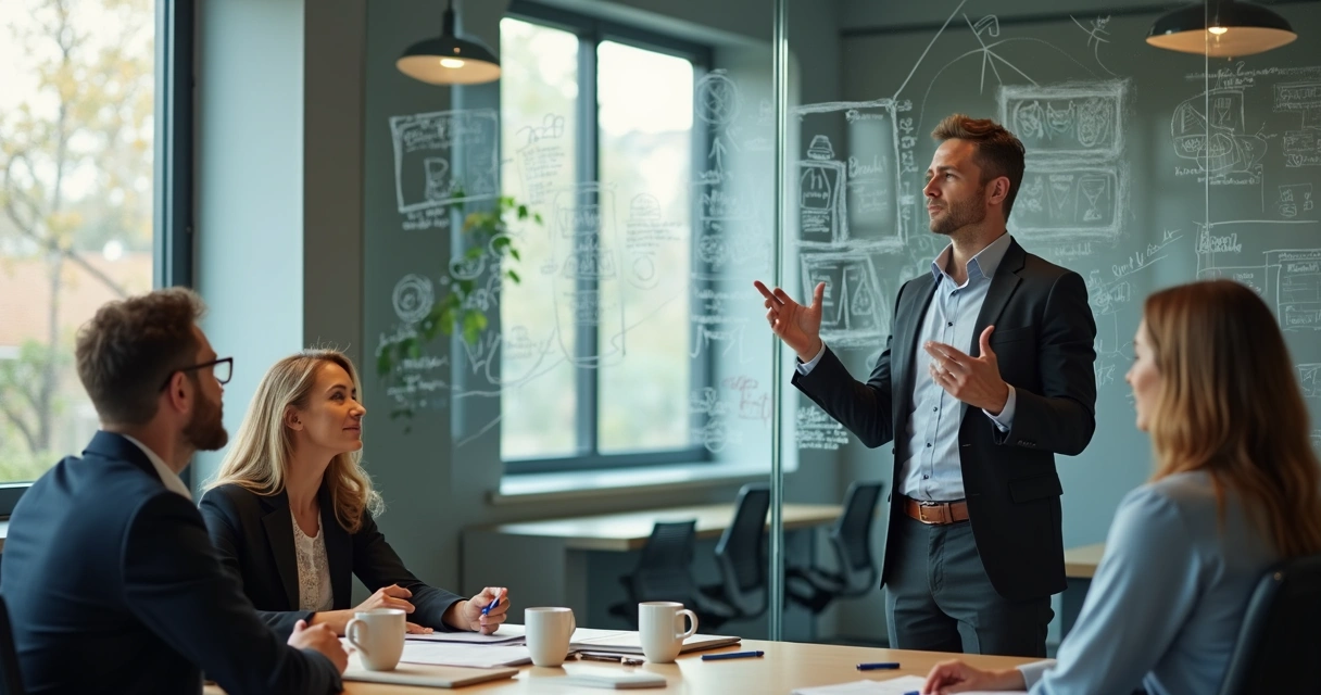 Líder observando panel de ideas con enfoque humano y ético 