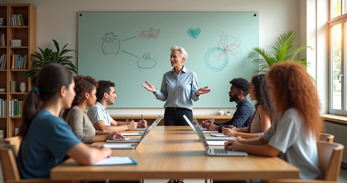 Directora escolar guiando a docentes en una reunión con enfoque ético 