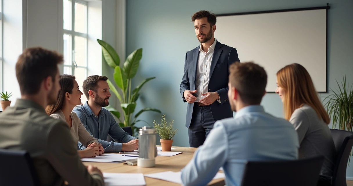 Equipo laboral escuchando a un líder en una mesa de reuniones, ambiente armonioso, luz natural 