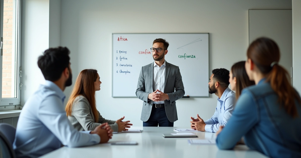 Líder facilita diálogo ético entre integrantes del equipo en sala de reuniones. 