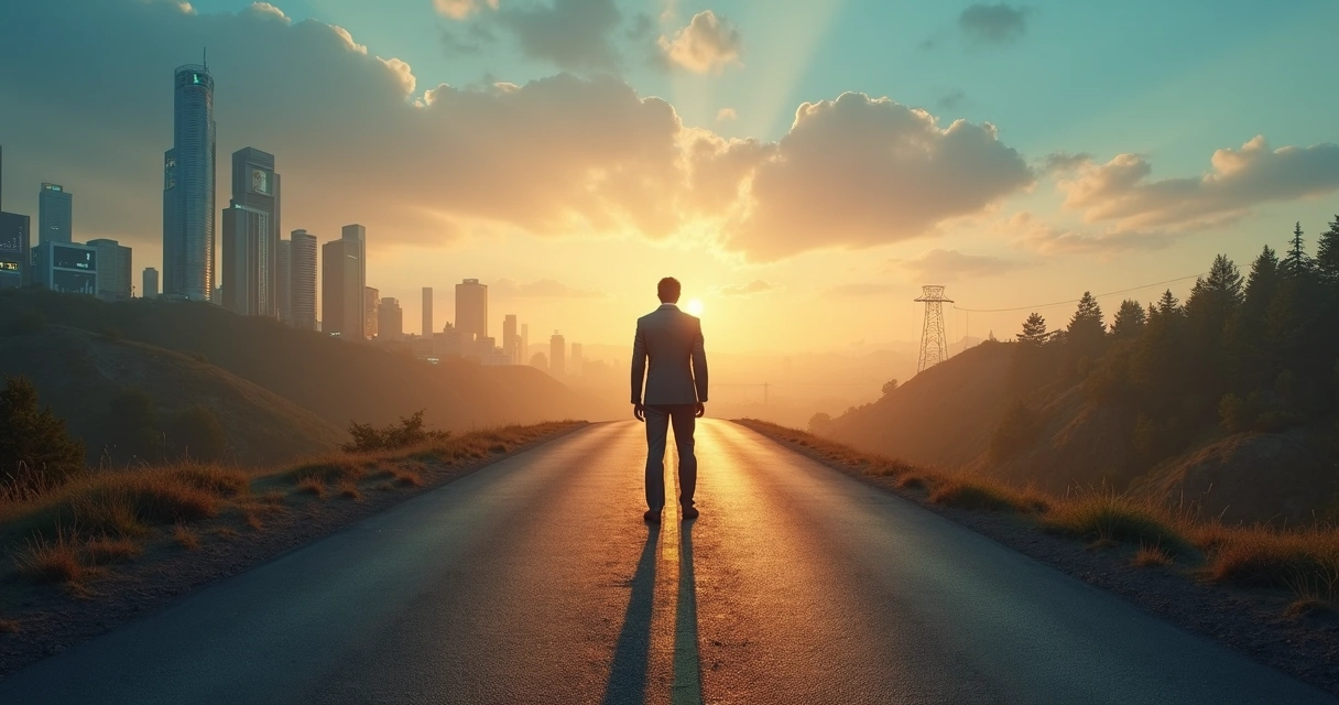 Líder solitario en cruce de caminos observando dos rutas opuestas 