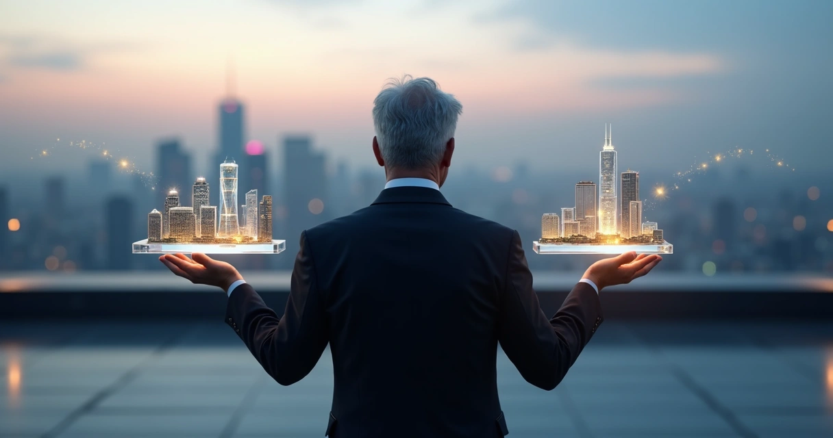 Líder empresarial sosteniendo dos ciudades corporativas unidas por un puente luminoso 