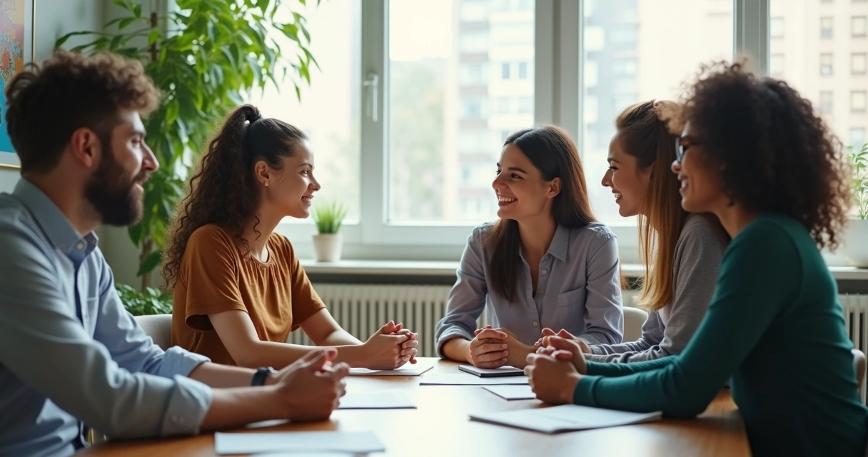 Grupo de personas dialogando alrededor de una mesa, con expresión de respeto y empatía.