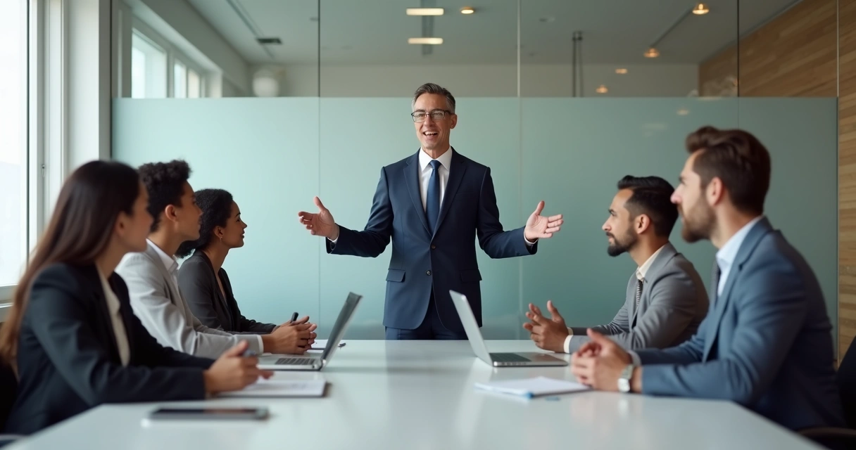 Líder hablando a un equipo mostrando lenguaje no verbal abierto y ético 