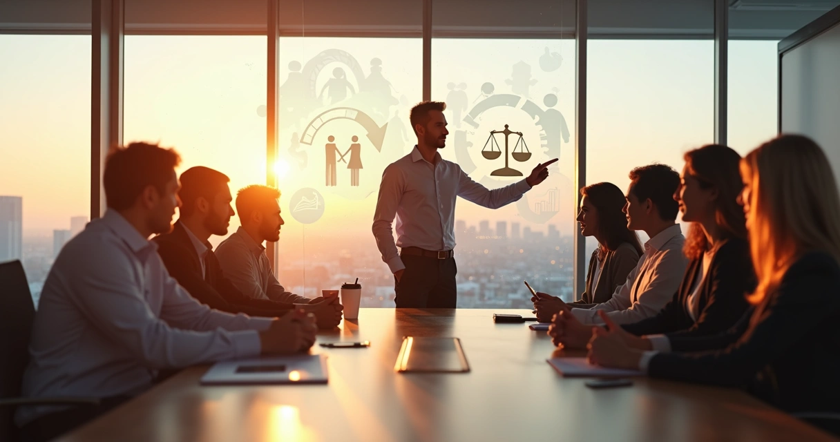 Líder reunido con su equipo analizando decisiones éticas en la empresa 