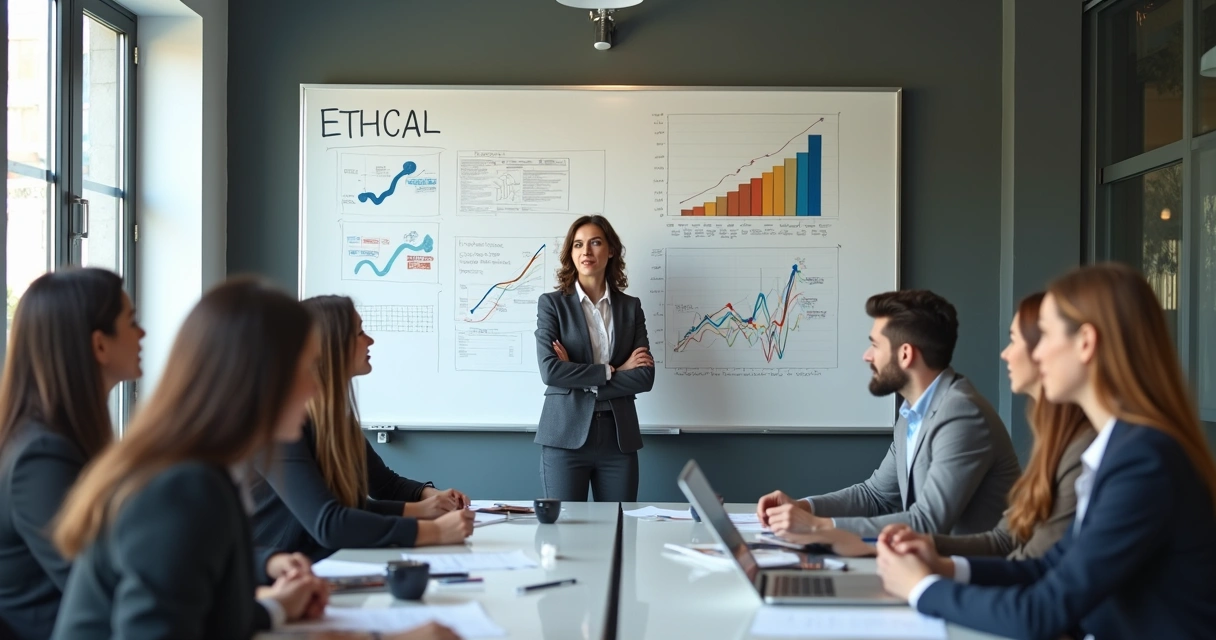 Líder orientando a su equipo en una pizarra con valores éticos 