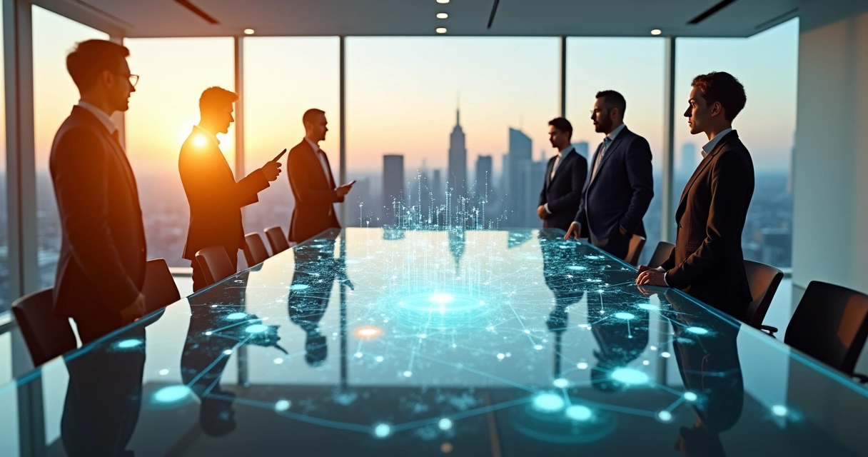 Directivos observando un sistema interconectado que representa el impacto ético de sus decisiones 