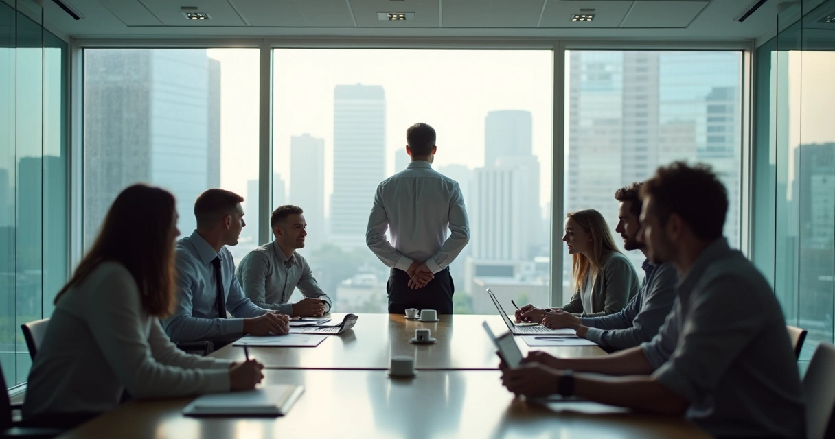 Sala de reuniones con un líder mirando por la ventana mientras un grupo discute en la mesa 