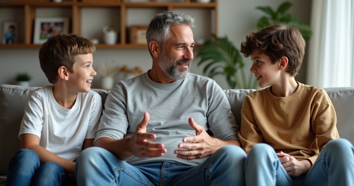 Padre hablando abiertamente con hijos en sala de estar. 