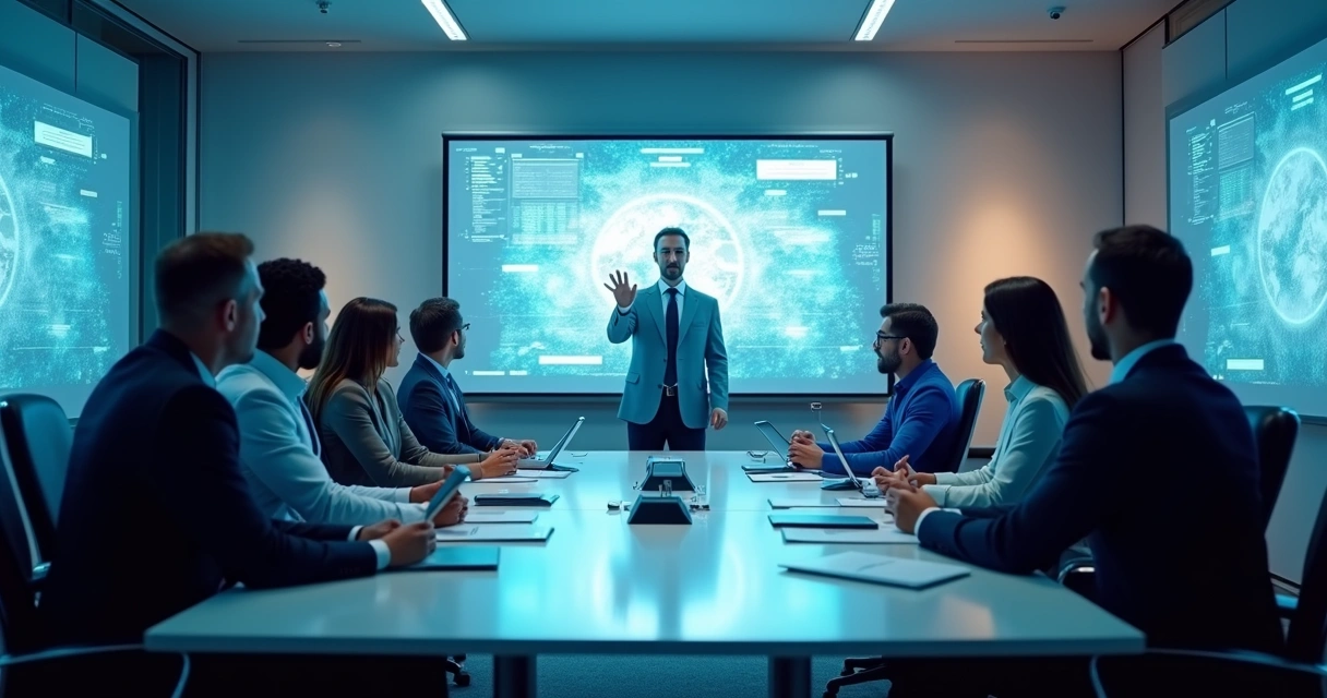 Grupo de líderes empresariales proyectando ideas futuristas en una sala de tecnología innovadora 