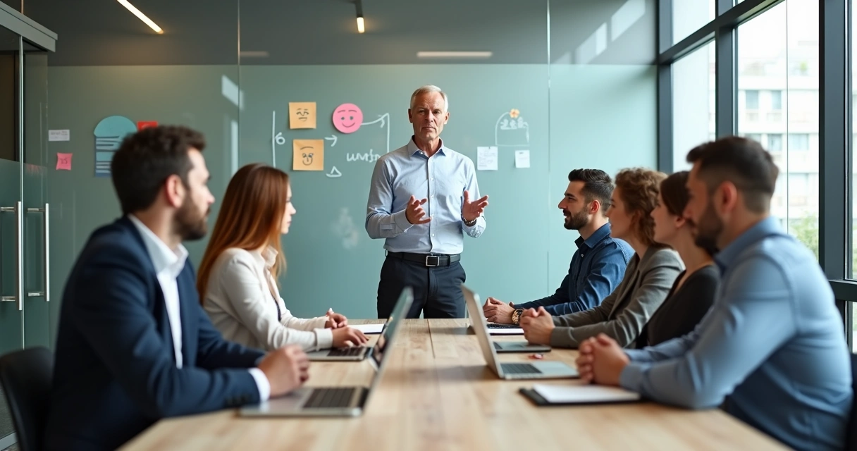 Líder hablando con su equipo mostrando equilibrio emocional en una reunión 