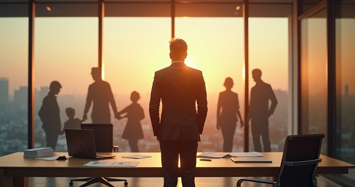 Líder empresarial viendo siluetas de su familia reflejadas en una pared de oficina 