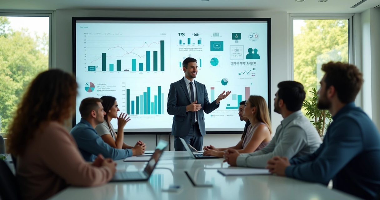 Líder guía a su equipo en sala luminosa de trabajo 