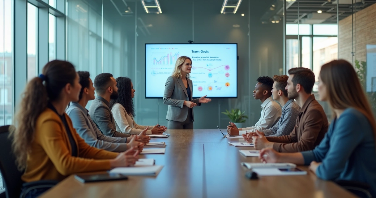 Líder de equipo hablando a un grupo diverso de empleados en una sala de conferencias