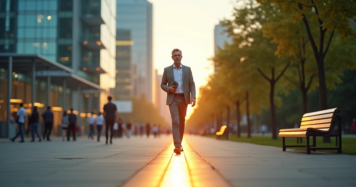 Profesional caminando sobre una línea entre trabajo y bienestar con ciudad de fondo 