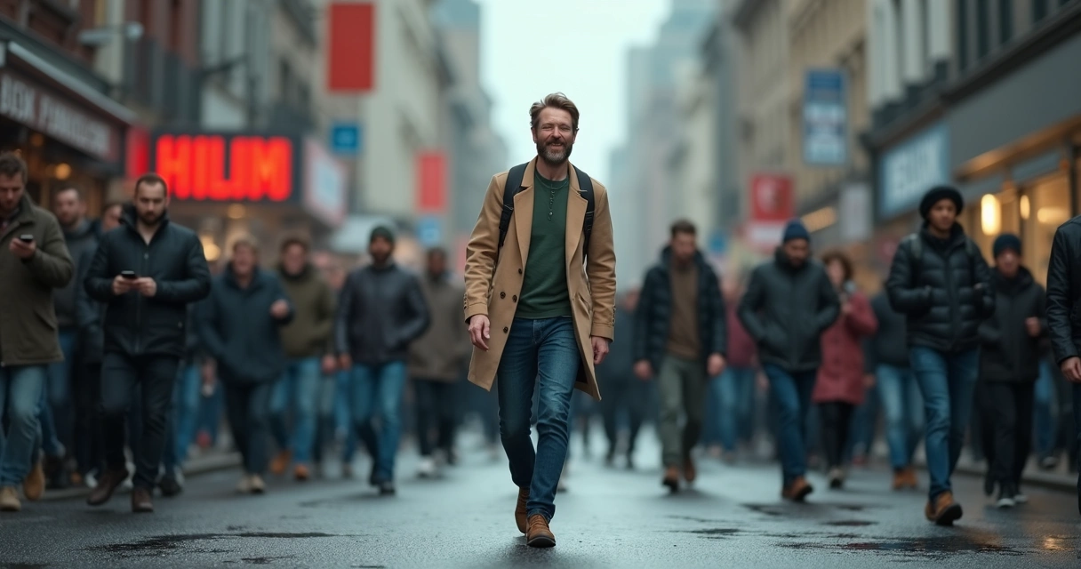Persona caminando entre una multitud borrosa en una ciudad rodeada de caos 