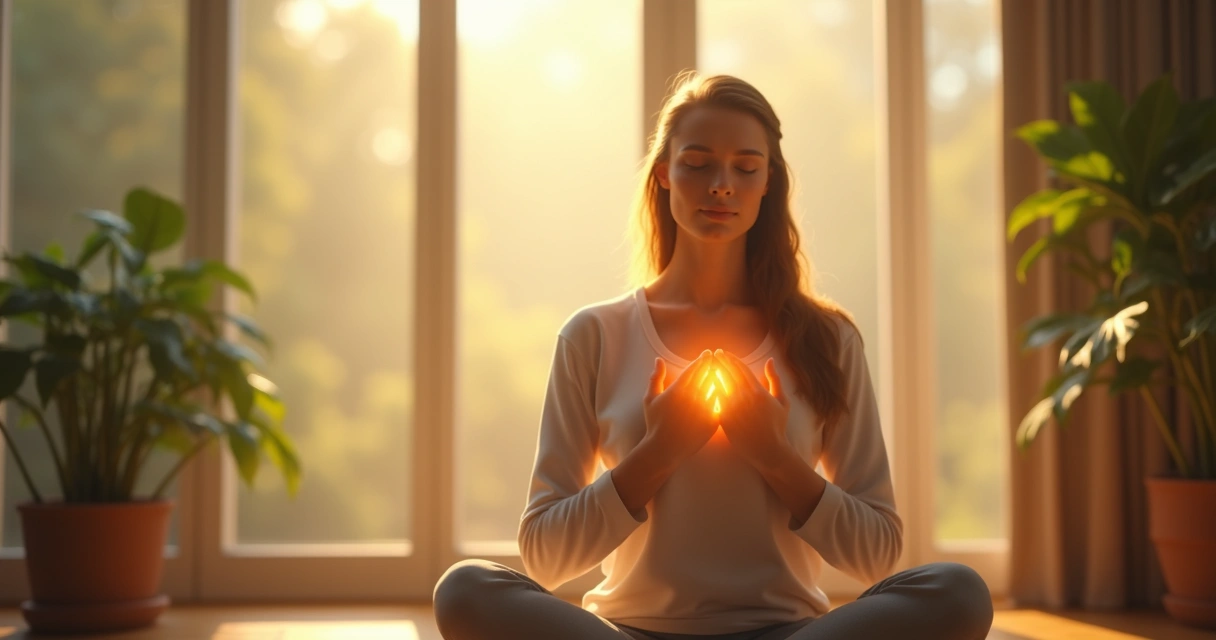 Persona sentada en meditación rodeada de luz, manos sobre el corazón 