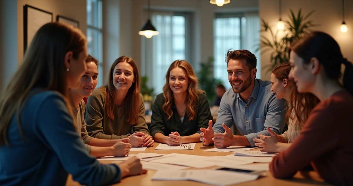 Personas sentadas en círculo, una de ellas escucha activamente mientras el grupo interactúa 