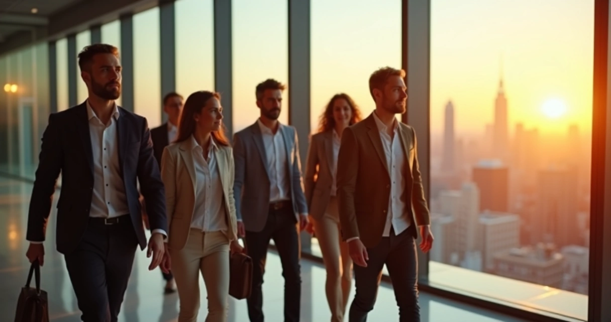 Líder discreto guiando a un equipo diverso hacia una ciudad luminosa al fondo 
