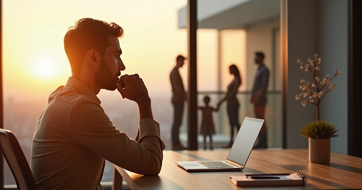 Líder reflexionando frente a siluetas familiares detrás de un cristal 
