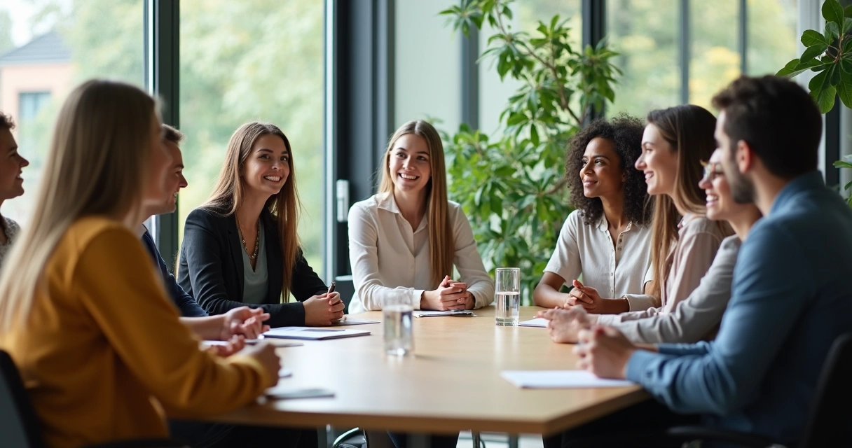Líder escuchando a su equipo en una reunión, ambiente cálido, personas relajadas 
