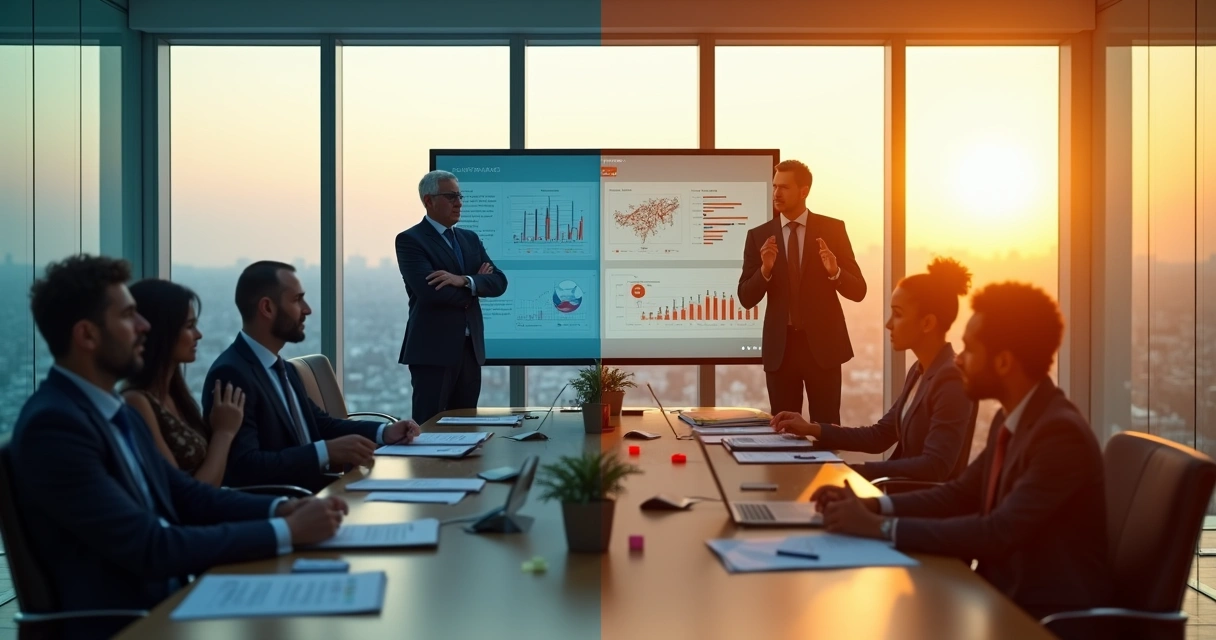 Comparación visual entre liderazgo inmaduro y liderazgo maduro en una oficina moderna 