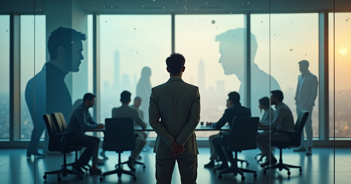 Líder frente a siluetas proyectadas que representan narrativas internas en un equipo 