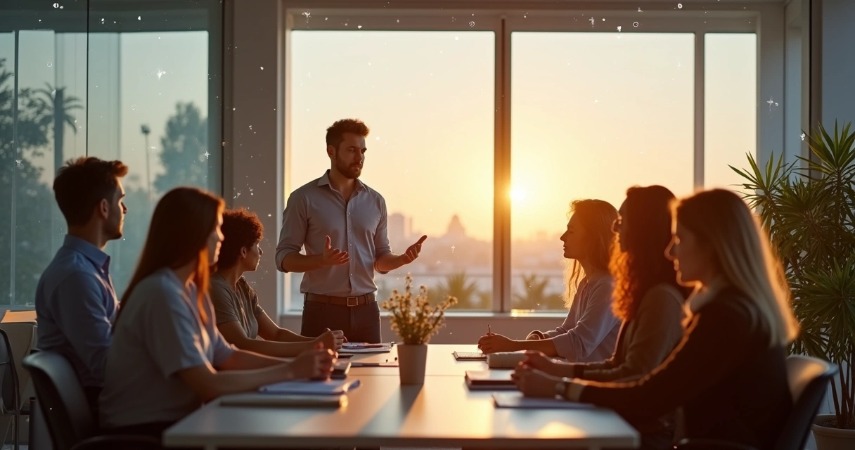 Líder no tradicional guiando a un equipo diverso rodeado de conexiones invisibles 