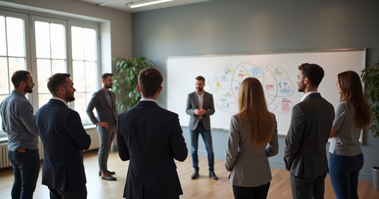 Personas en una oficina en círculo trabajando temas de liderazgo con constelaciones sistémicas 