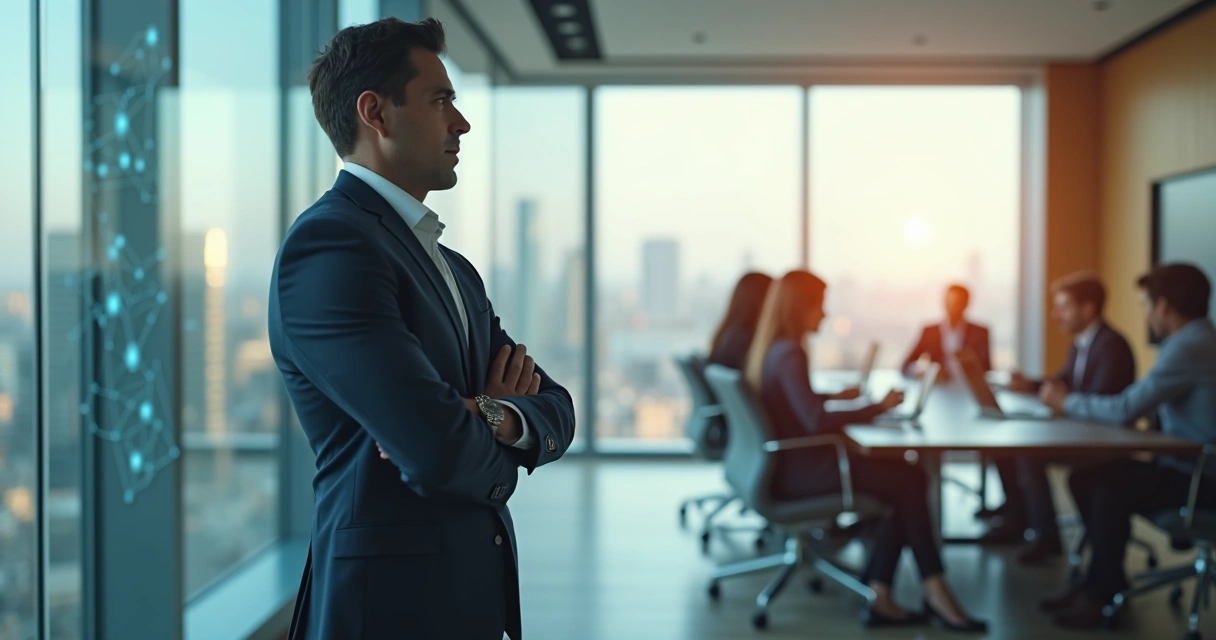 Líder reflexionando frente a un grupo con sombras que simbolizan patrones inconscientes 