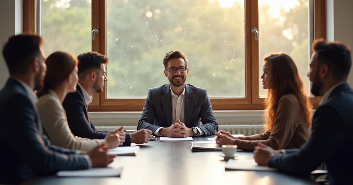 Líder pensativo rodeado de su equipo en sala de reuniones 