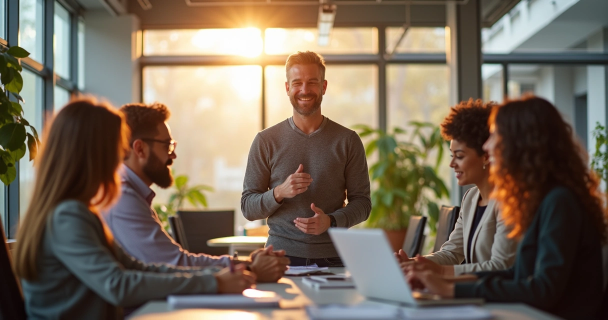 Colaboradores colaboran con confianza en una oficina tras establecer límites claros por su líder. 