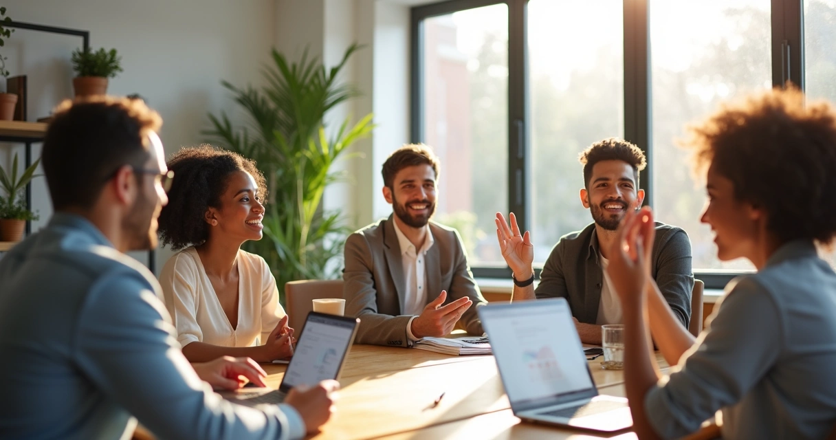 Persona dirigiendo reunión con actitud tranquila y atenta, rodeada de colaboradores participativos 