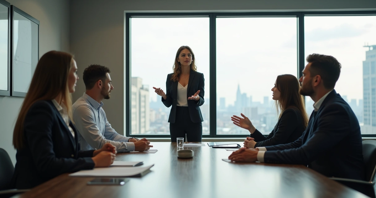 Mujer liderando una reunión laboral con postura serena y mirada enfocada. 