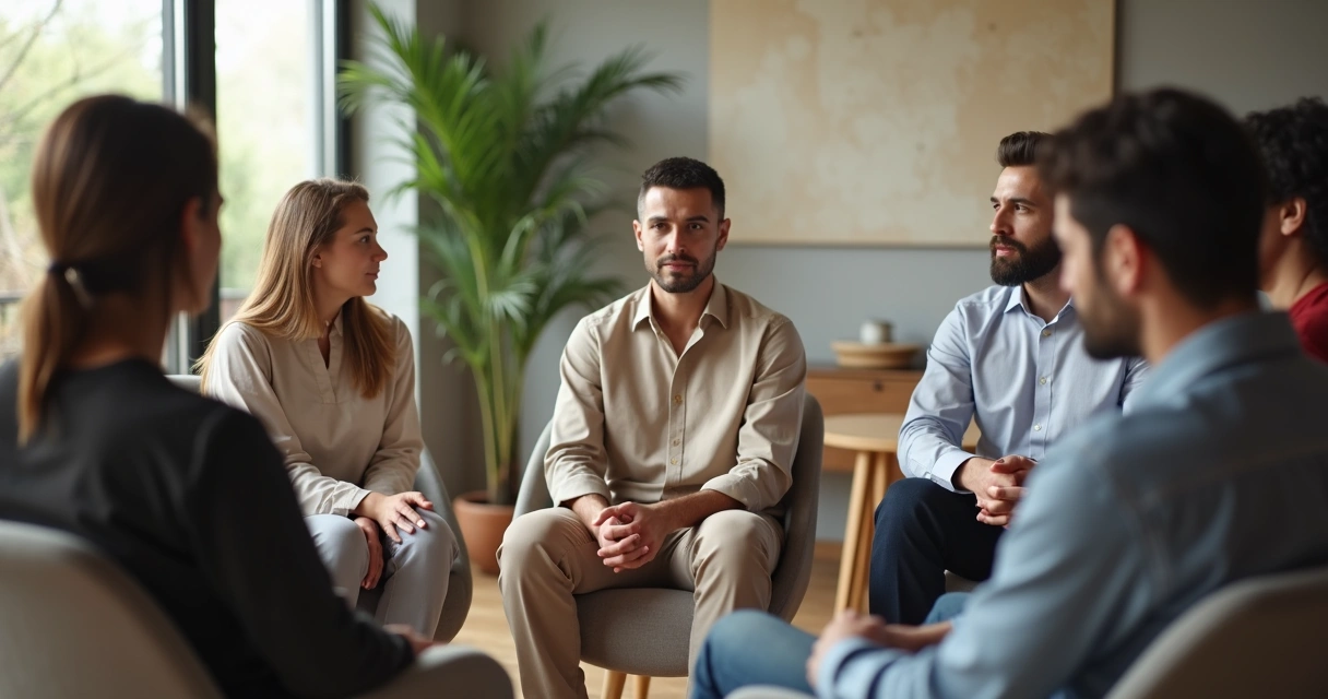 Líder sentado en círculo guiando una conversación con atención plena 