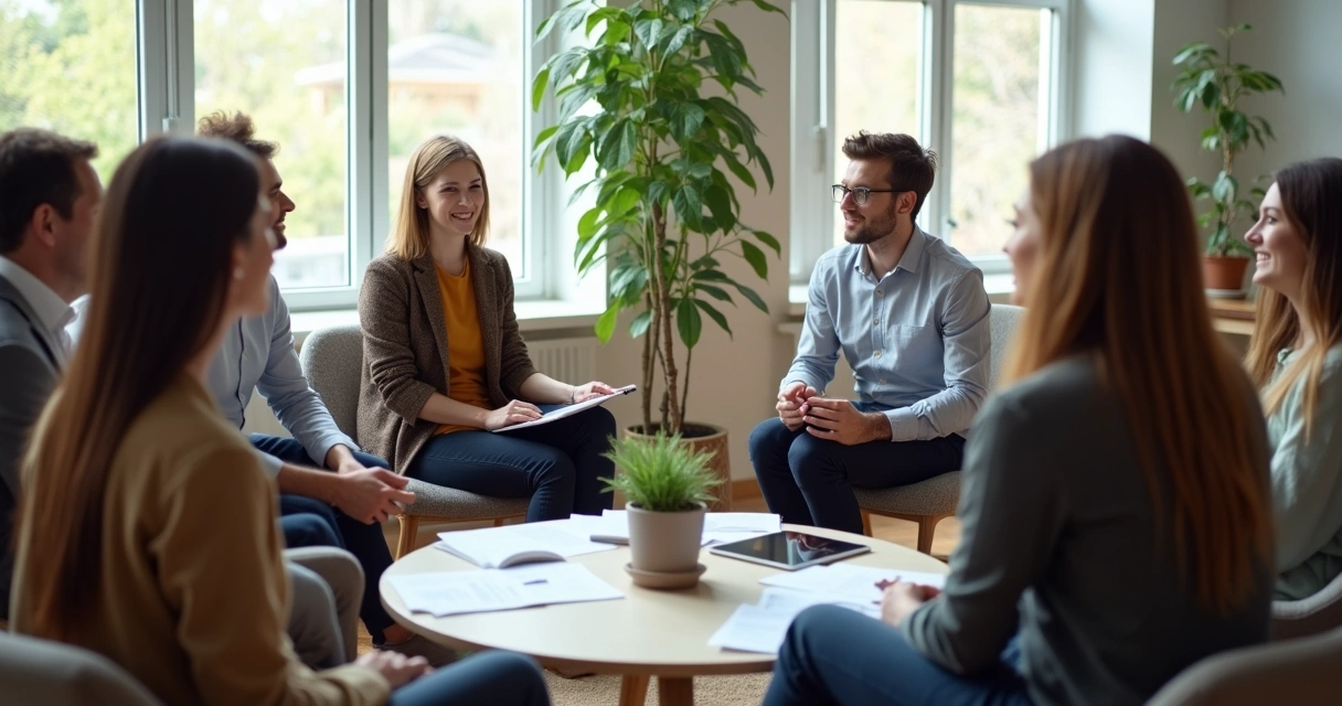 Variedad de personas reunidas en círculo, compartiendo ideas en un entorno laboral moderno 