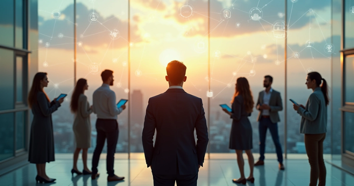 Líder guiando a un equipo diverso hacia un horizonte luminoso en una ciudad futurista 