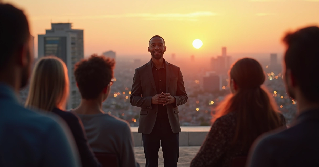 Persona facilitando diálogo en comunidad con fondo urbano al atardecer 