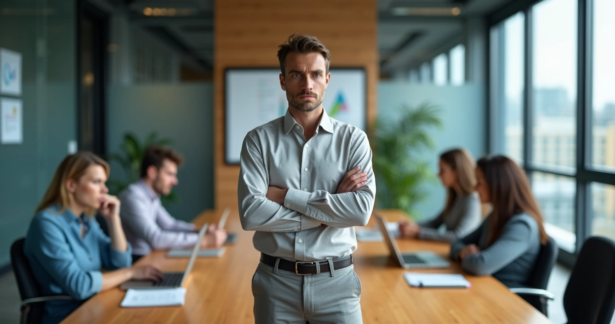Líder pensativo frente a su equipo en una sala de reuniones tensa 