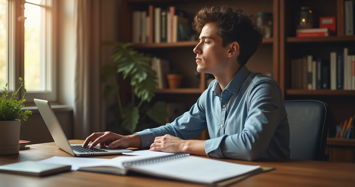 Líder reflexionando en un escritorio con documentos y luz suave