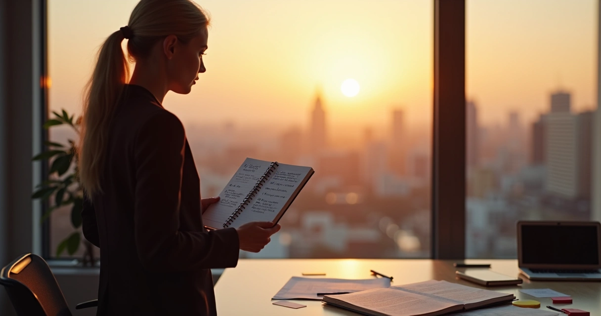 Persona frente a ventana tomando notas sobre decisiones y valores corporativos 