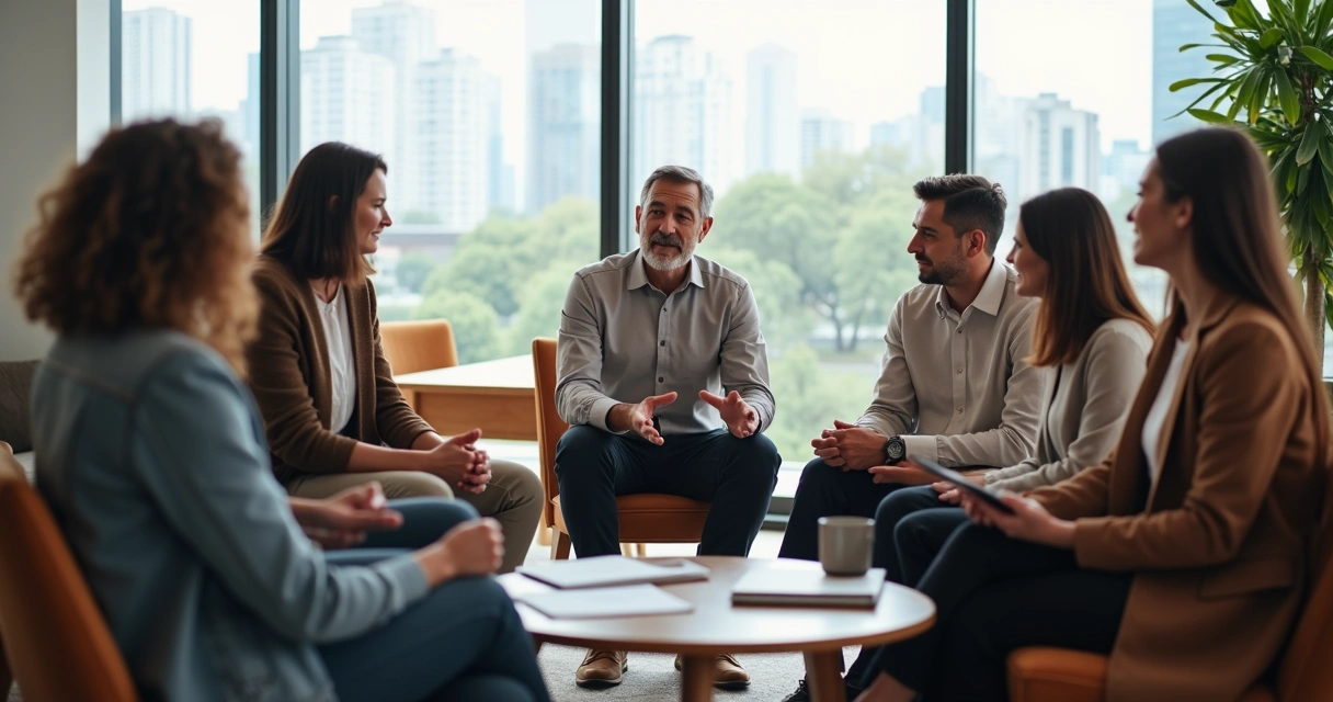 Líder facilitando conversación en círculo con equipo diverso en entorno luminoso 