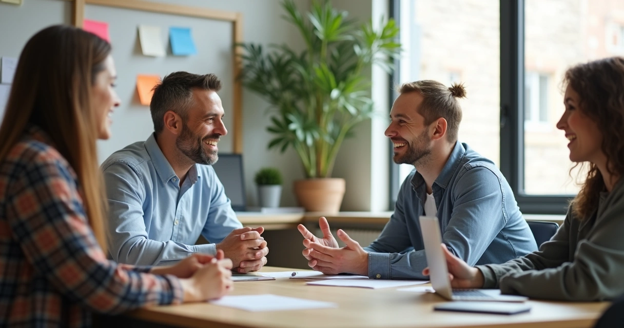 Dos personas dialogando en medio de un equipo reunido, ambiente de reunión colaborativa.