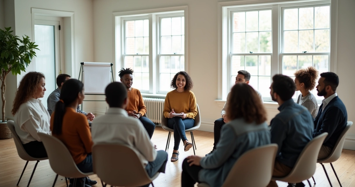 Personas reunidas en círculo en una sala luminosa, participando en una conversación abierta y colaborativa 
