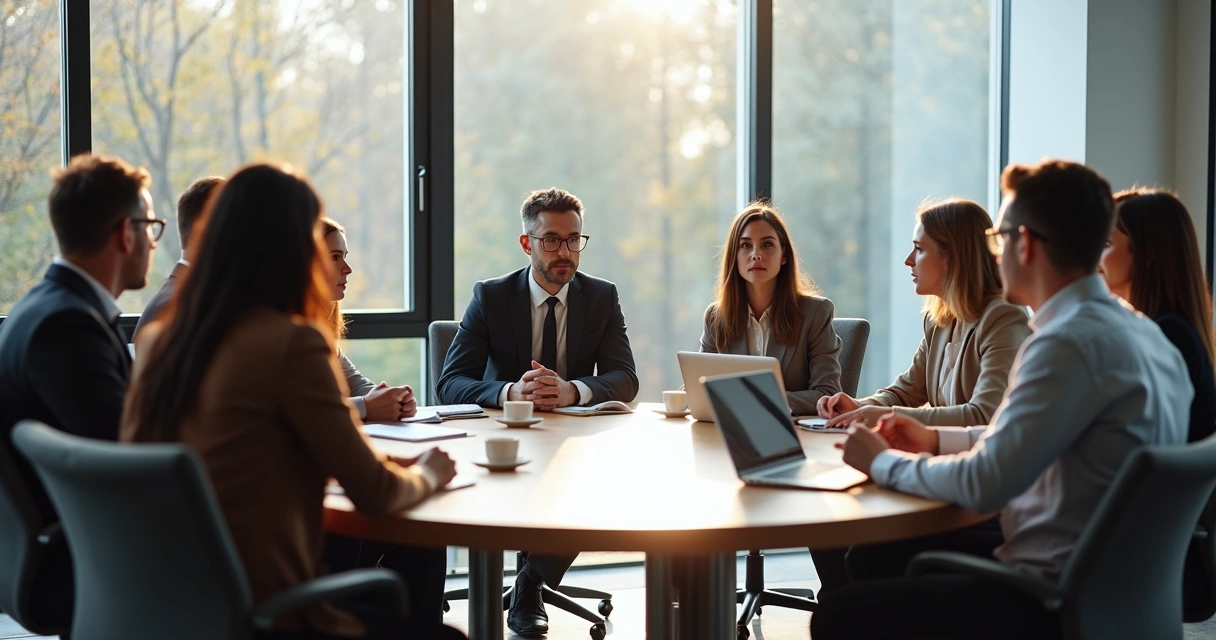 Grupo de personas en mesa redonda, líder hablando y equipo atento