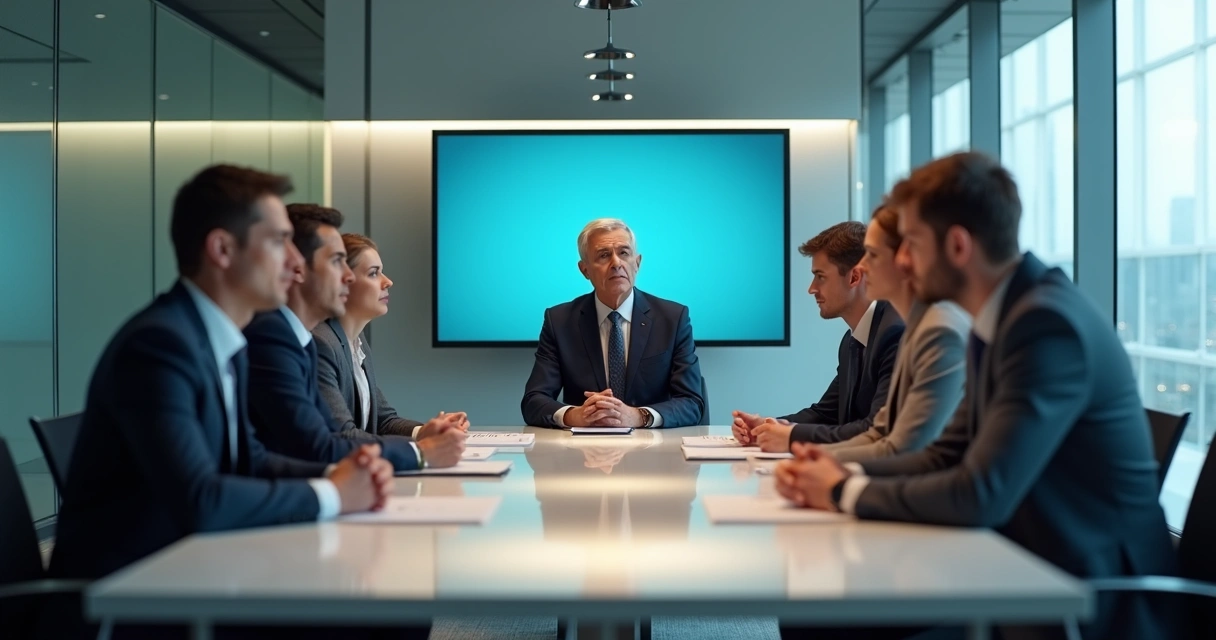 Líder de equipo en una reunión de trabajo con empleados atentos en sala de juntas 
