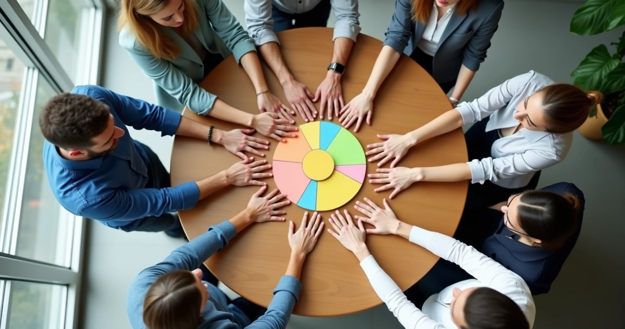 Equipo diverso de trabajo formando un círculo unido visto desde arriba 
