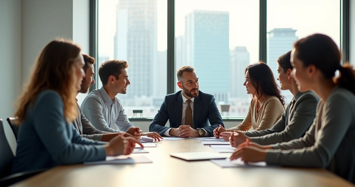 Líder escuchando en silencio a su equipo en una sala de reuniones luminosa 