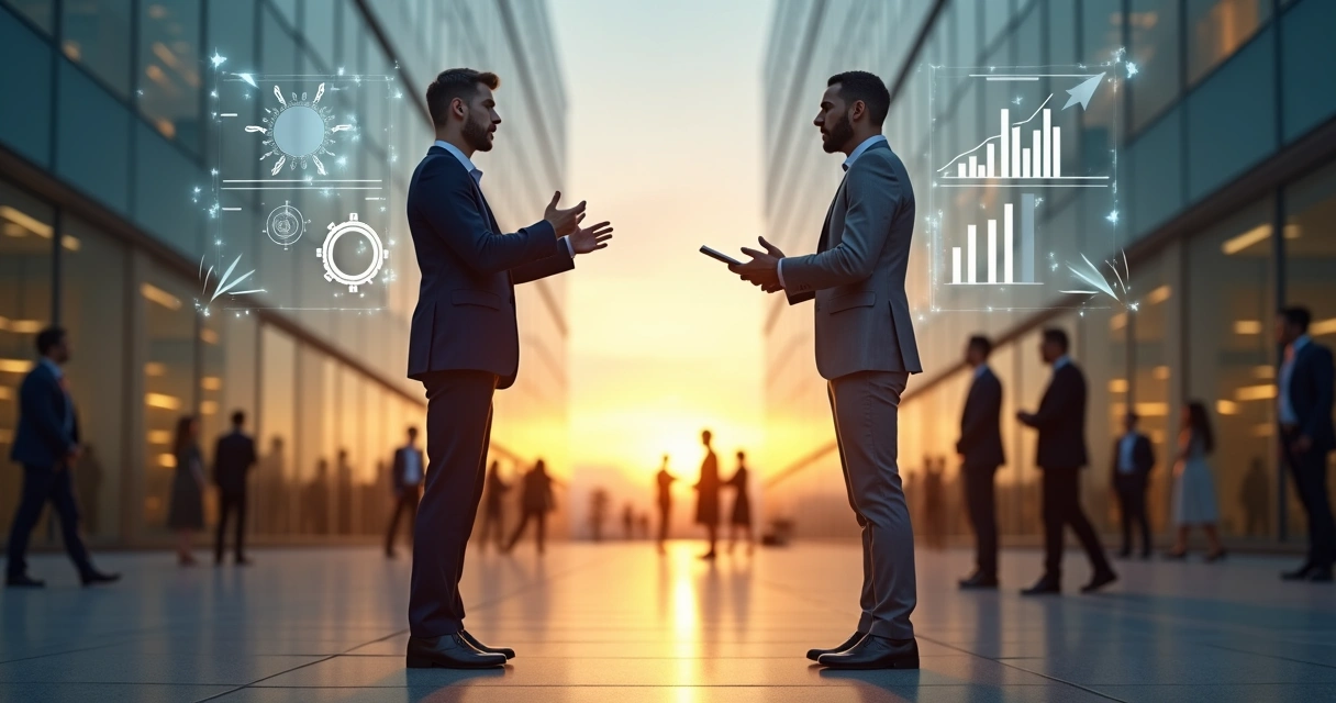 Dos líderes de pie frente a una empresa mostrando estilos de liderazgo distintos 